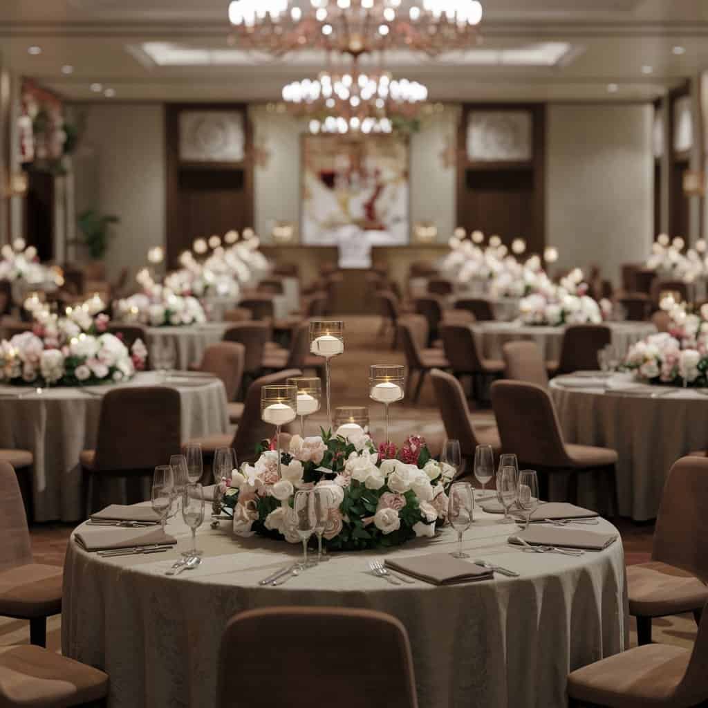 Wedding reception tables arranged in various layouts, featuring lavish decorations and elegant place settings. Wedding decor checklist for table arrangements.