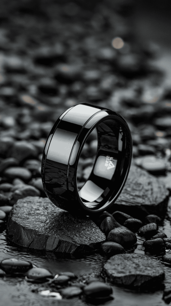 Stylish assortment of tungsten black wedding bands displayed side by side.