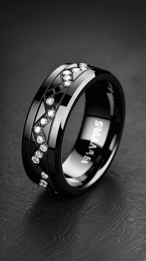 Confident man wearing a black wedding band with diamond accents, blending style and luxury.