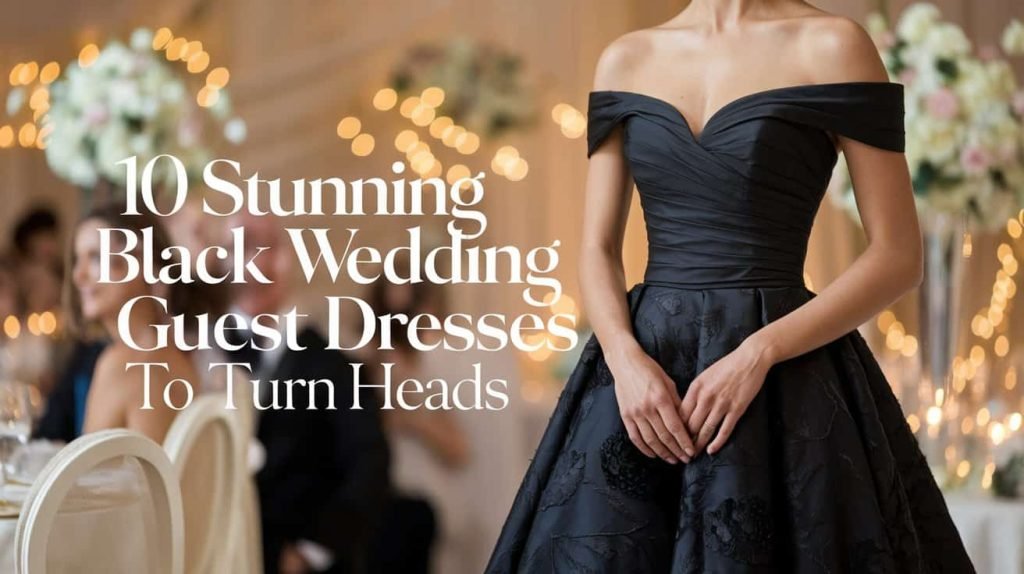 A timeless black cocktail dress with a knee-length hem and sleek design, the perfect choice for wedding guests seeking a polished yet understated look.