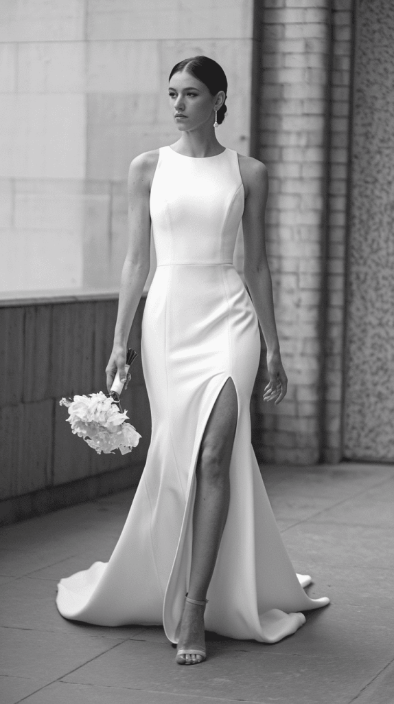 Modern sheath dress with a sleek, open-back design