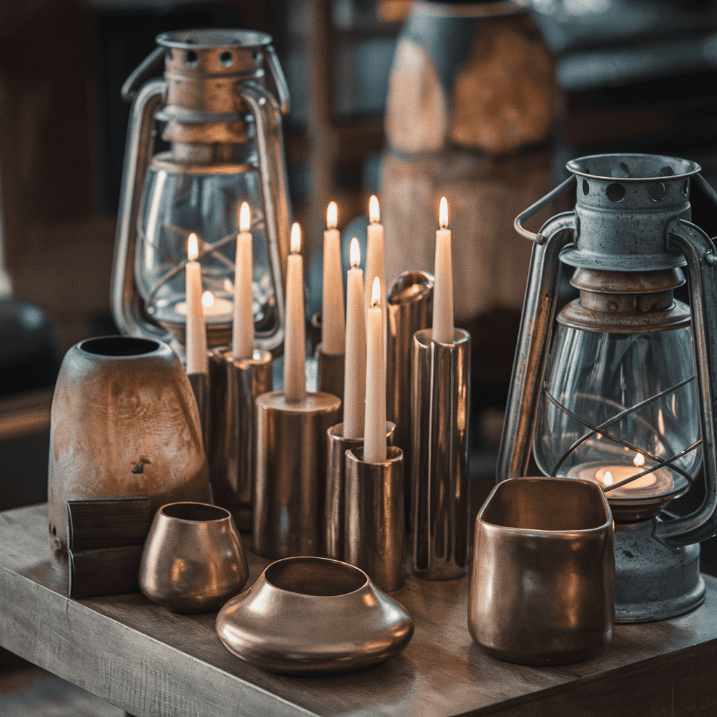 An elegant display of scented candles on a coffee table.