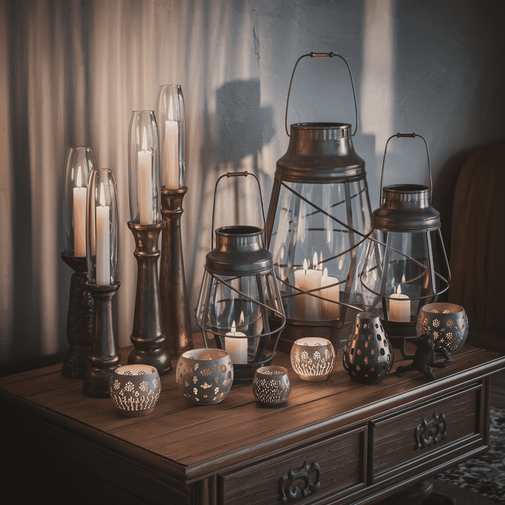 A cozy living room featuring a coffee table adorned with scented candles.