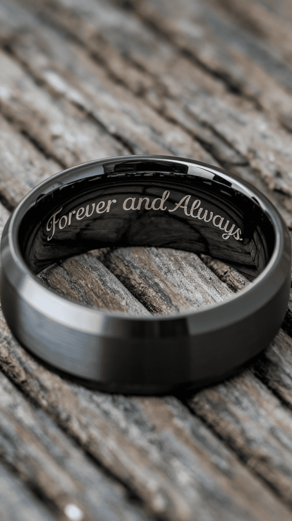 Detailed close-up of a black wedding band showcasing elegant engravings on its surface.
