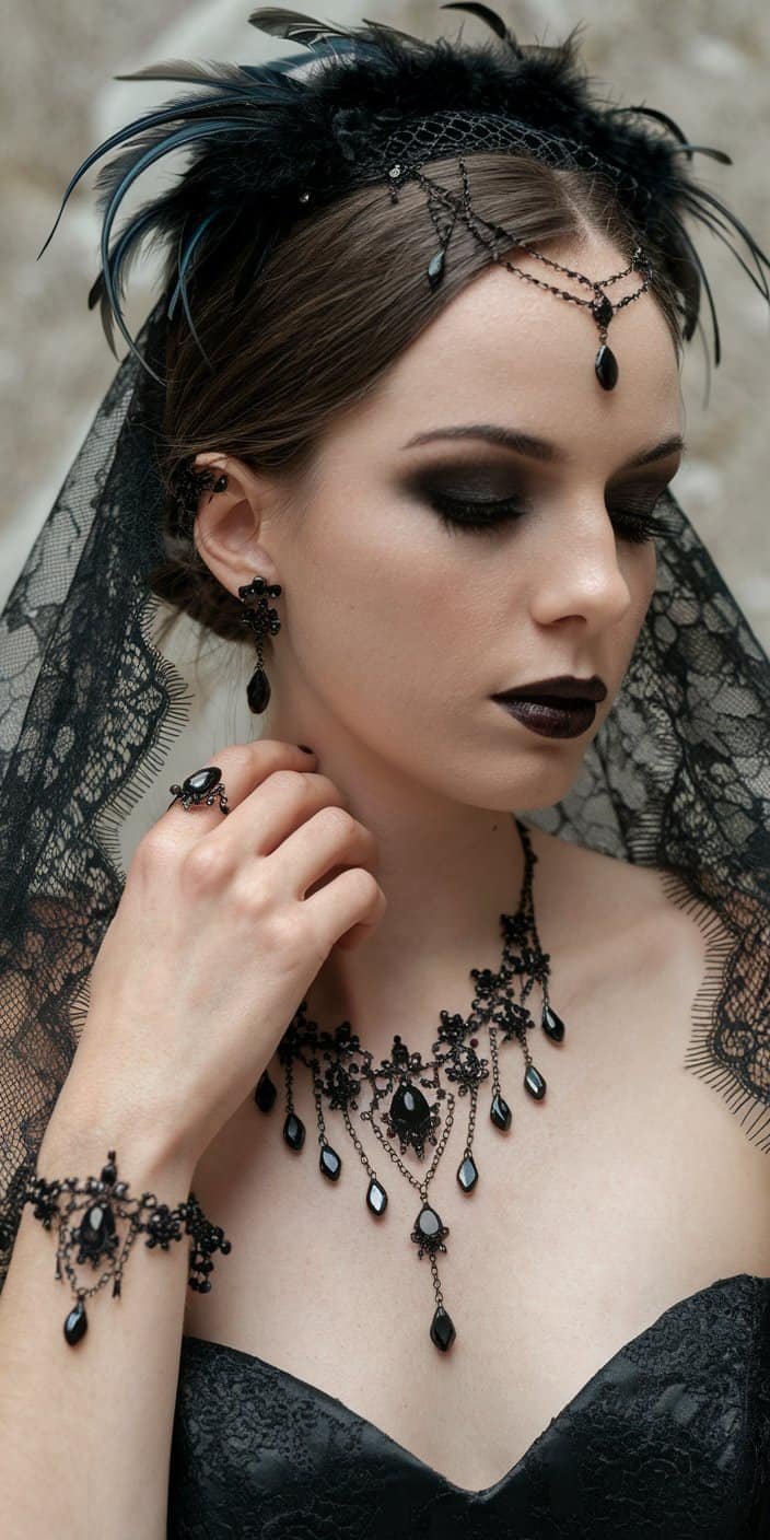 Statement Gothic Wedding Accessories including lace veils and headpieces to complete your dark bridal ensemble
