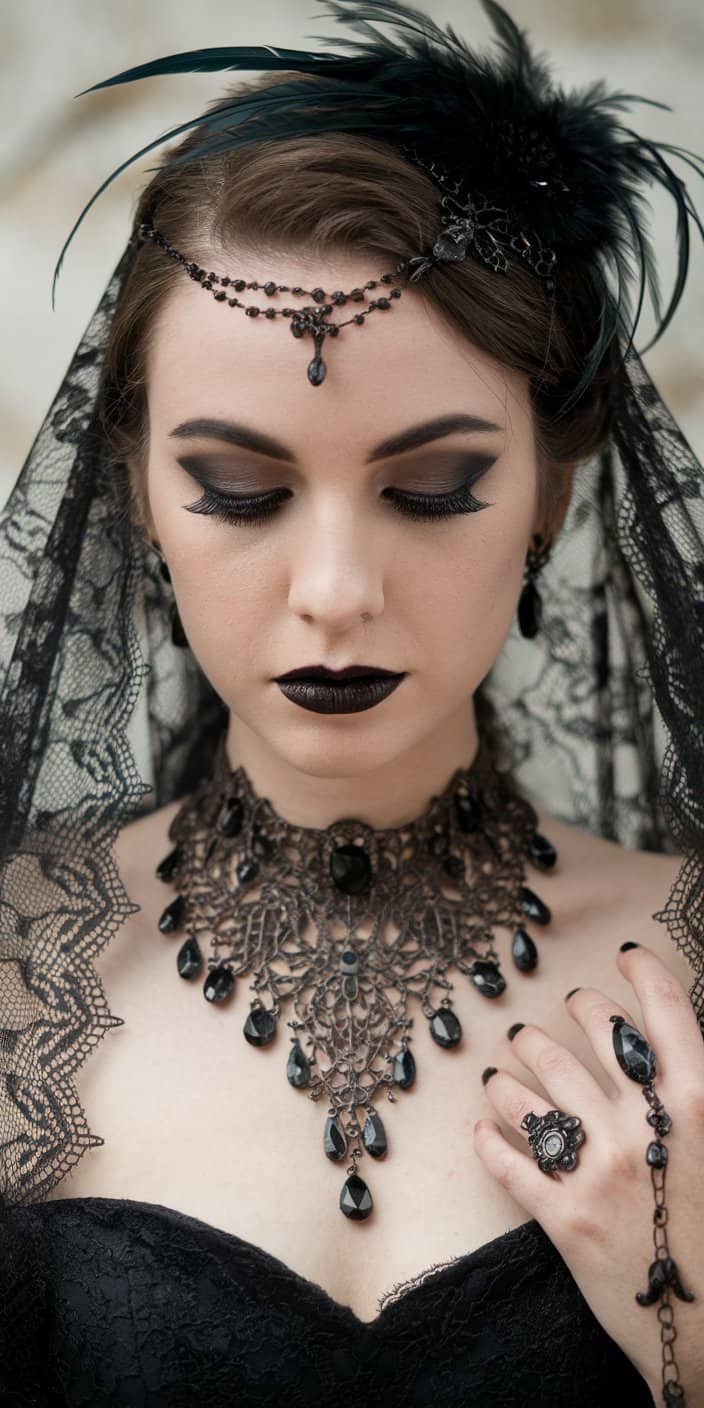 Gothic Wedding Jewelry with vintage metalwork and dark gemstones like onyx, creating a mysterious and elegant bridal look