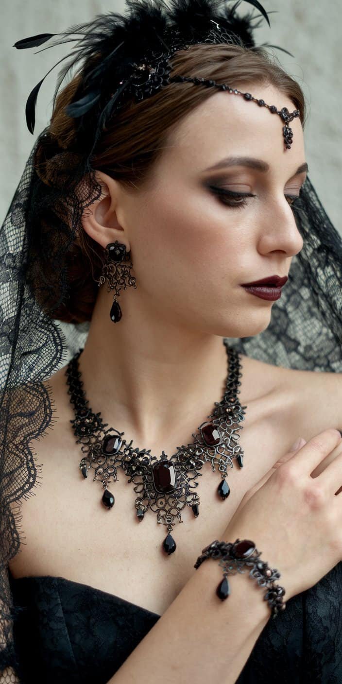 Gothic Wedding Accessories featuring Victorian-inspired jewelry with dark gemstones for a dramatic, vintage look