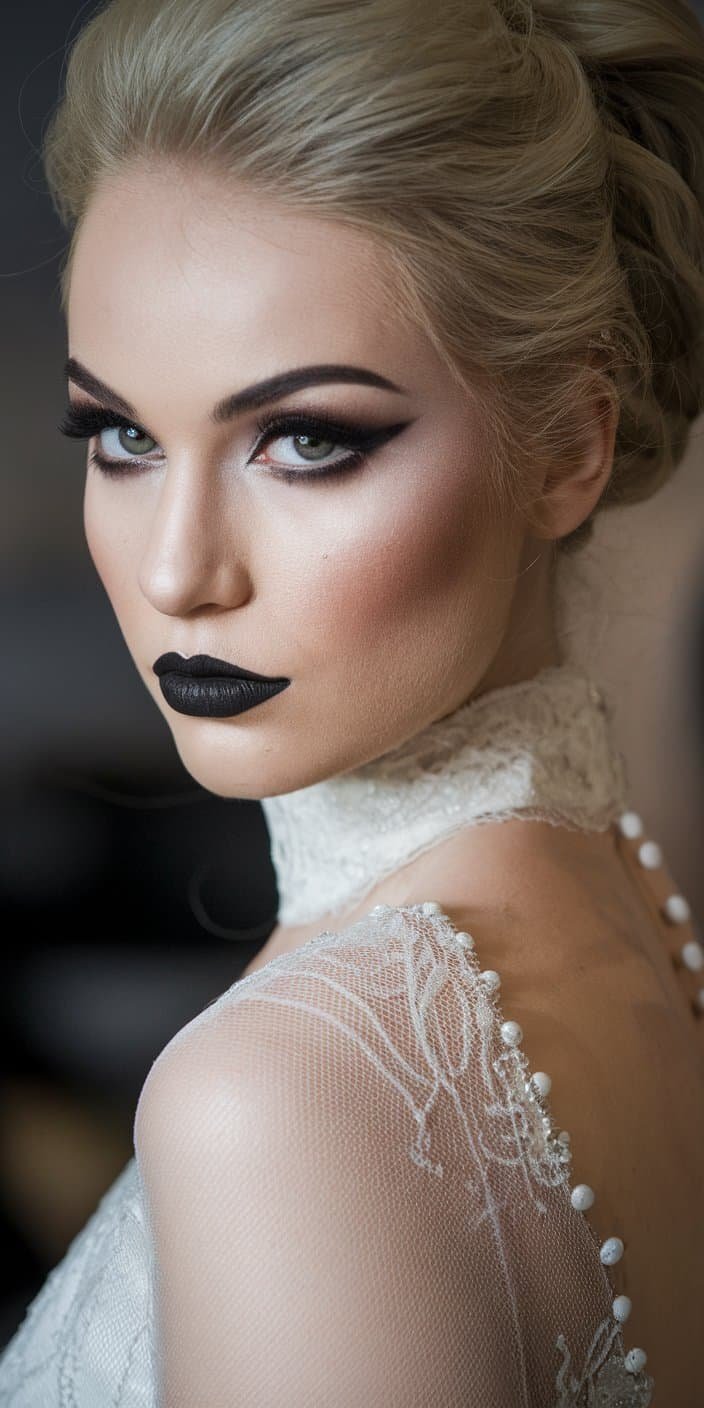 Bold Gothic Wedding Makeup with deep dark lips and smoky eyes, perfectly suited for a dramatic bridal look