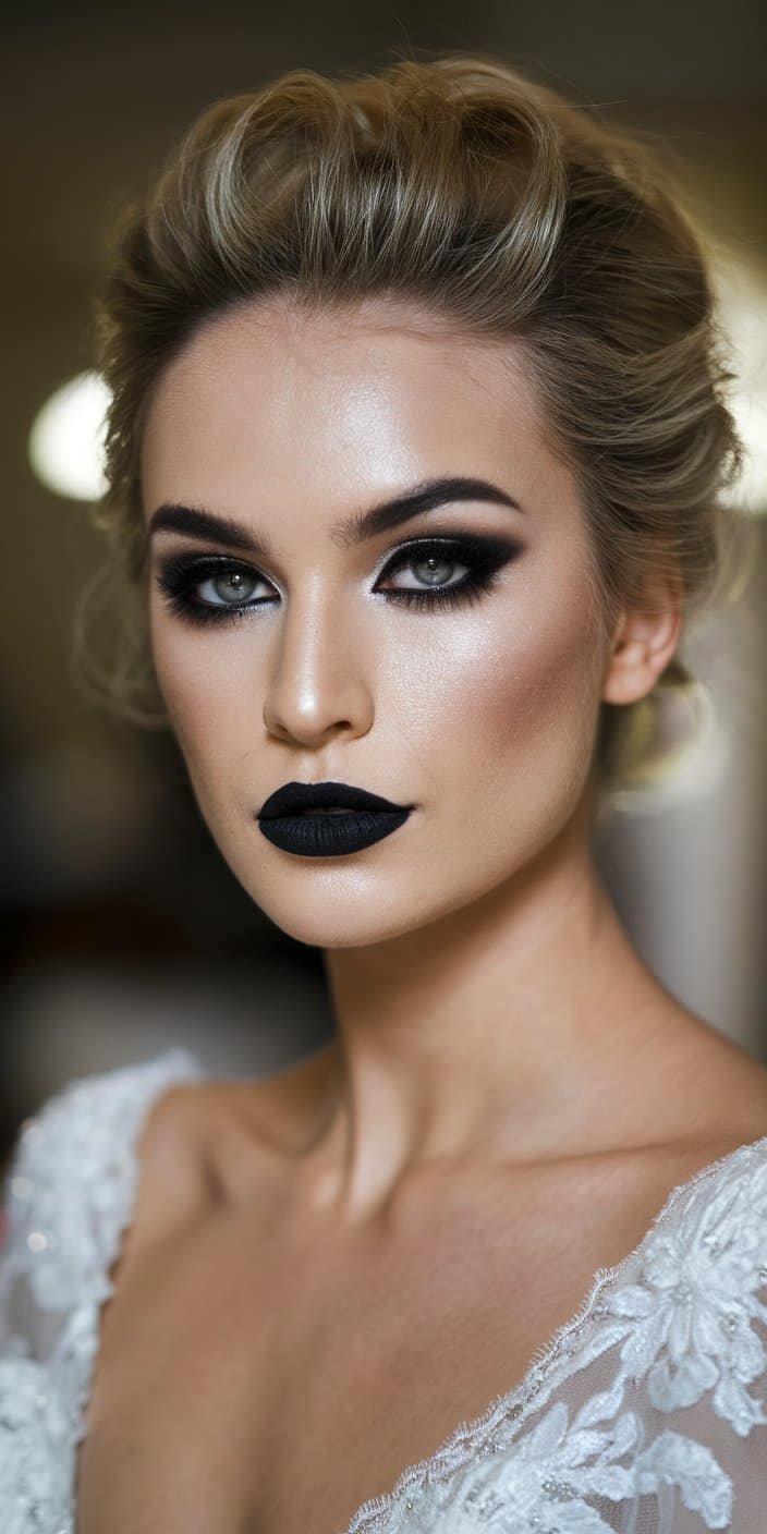 Dramatic Gothic Makeup featuring a dark lip color and edgy eyeliner to enhance the bridal gothic aesthetic