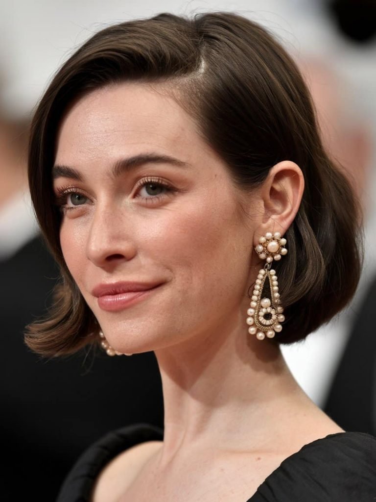 Glamorous woman wearing sophisticated drop earrings, adding chic flair to her formal attire.