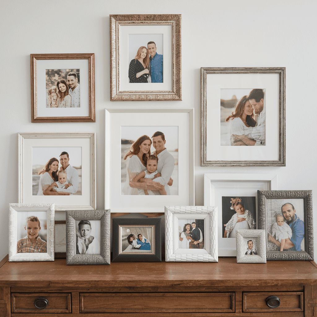 A modern coffee table with a clean, organized display of family photos.
