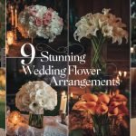 Beautiful wedding flowers arranged in nine stunning displays, featuring vibrant blooms and lush greenery against a romantic garden backdrop, perfect for wedding inspiration.