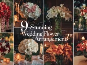 Beautiful wedding flowers arranged in nine stunning displays, featuring vibrant blooms and lush greenery against a romantic garden backdrop, perfect for wedding inspiration.