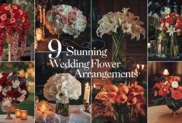 Beautiful wedding flowers arranged in nine stunning displays, featuring vibrant blooms and lush greenery against a romantic garden backdrop, perfect for wedding inspiration.