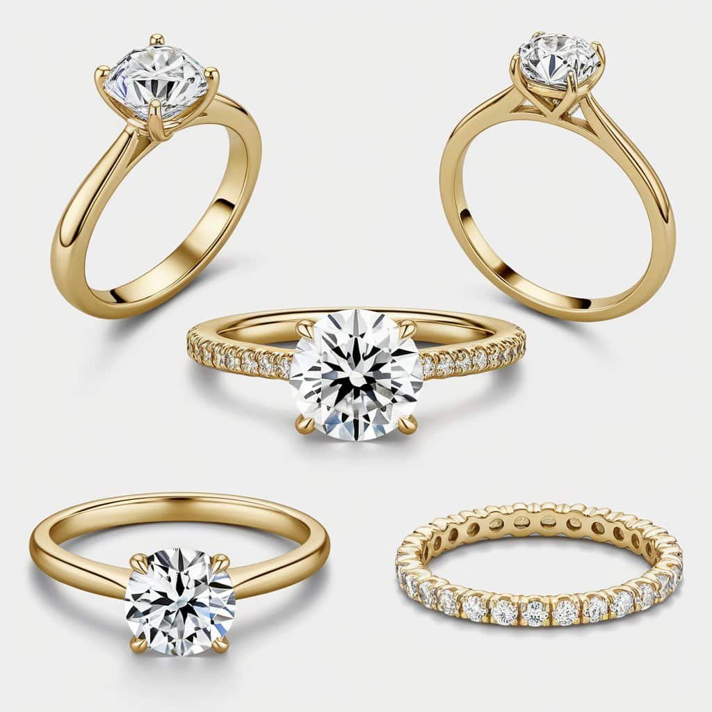 A romantic setting with a couple holding hands, both wearing classic gold rings, with soft natural lighting creating a warm and loving atmosphere.