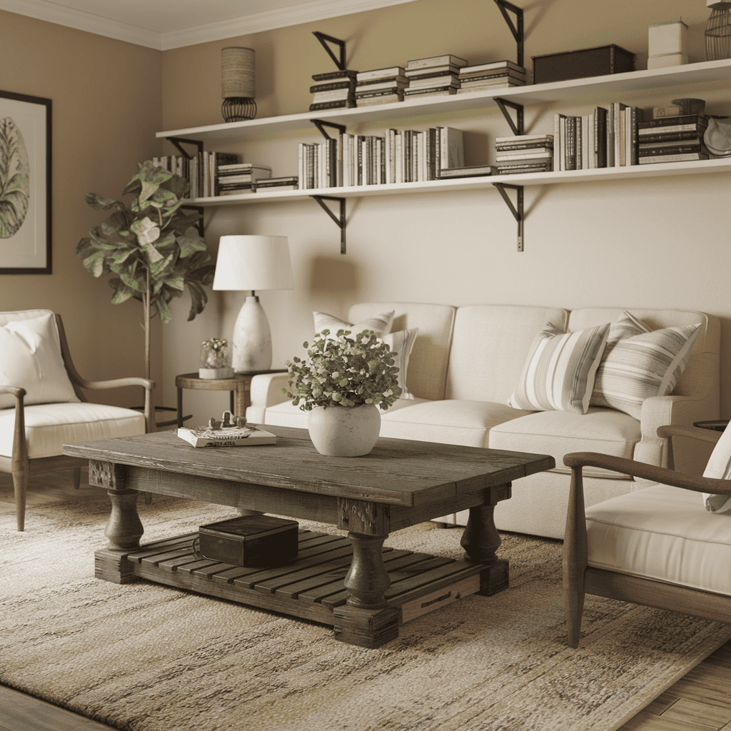 A rustic wooden coffee table enhancing a farmhouse-style living room.
