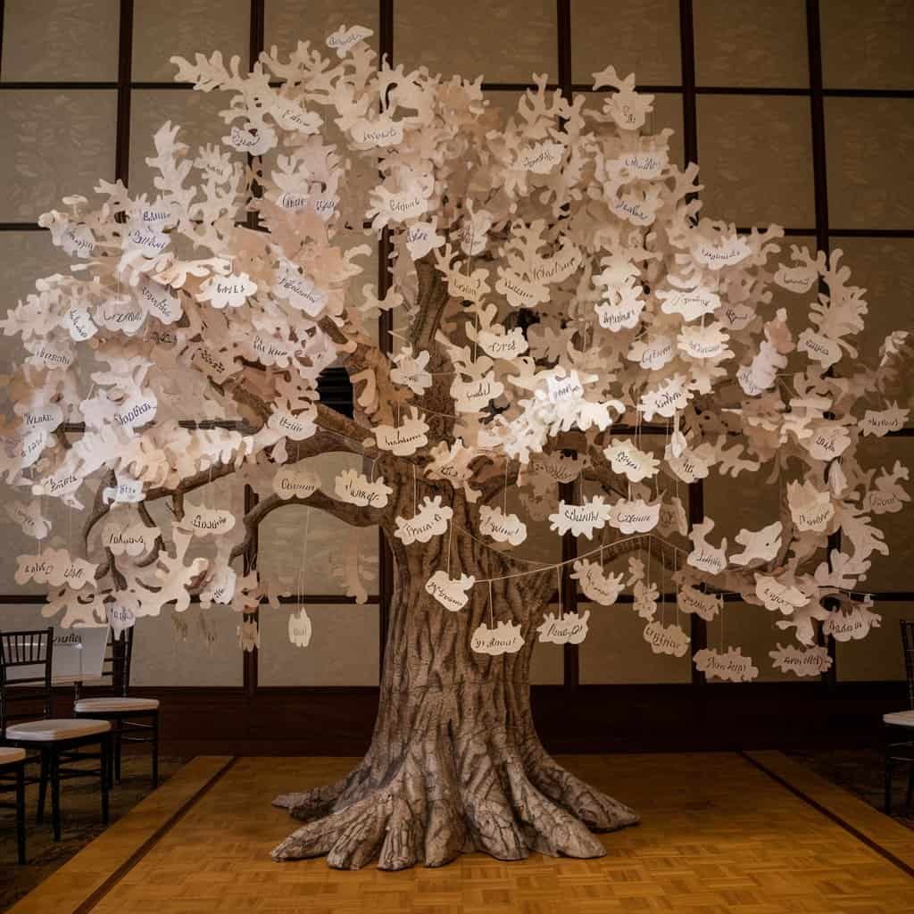 Creative guest name display ideas including calligraphed cards, wooden boards, and lush greenery. Wedding decor checklist for guest seating plans.