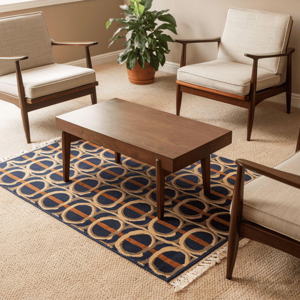 An inviting living space with a layered rug arrangement under a coffee table.