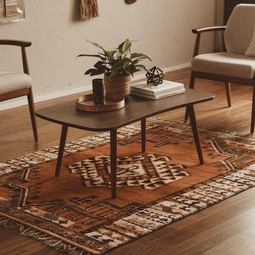 A cozy coffee table setup with contrasting textured rugs.