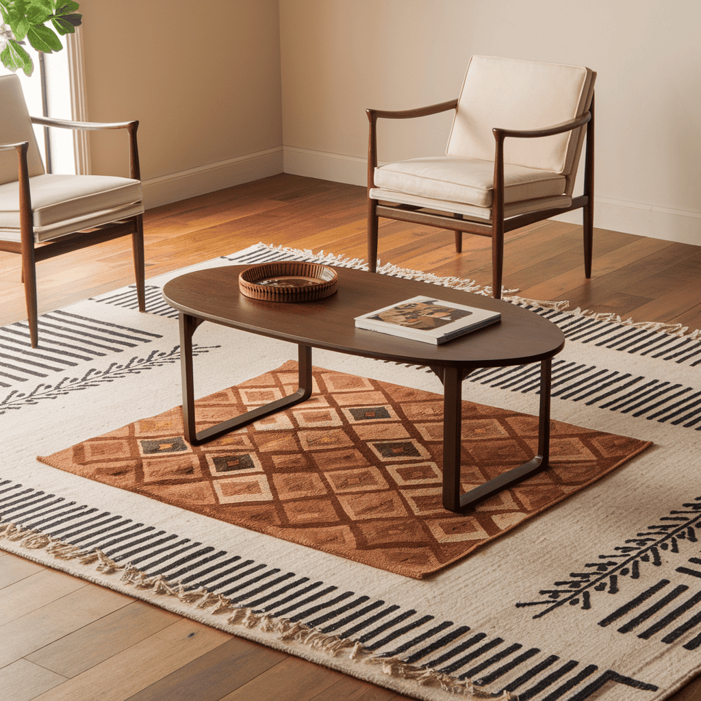 A living room featuring layered rugs under a coffee table.