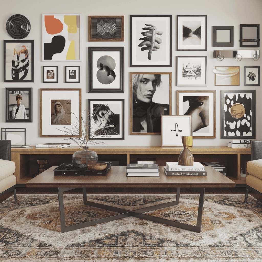 An eclectic gallery wall behind a coffee table, enhancing the decor.