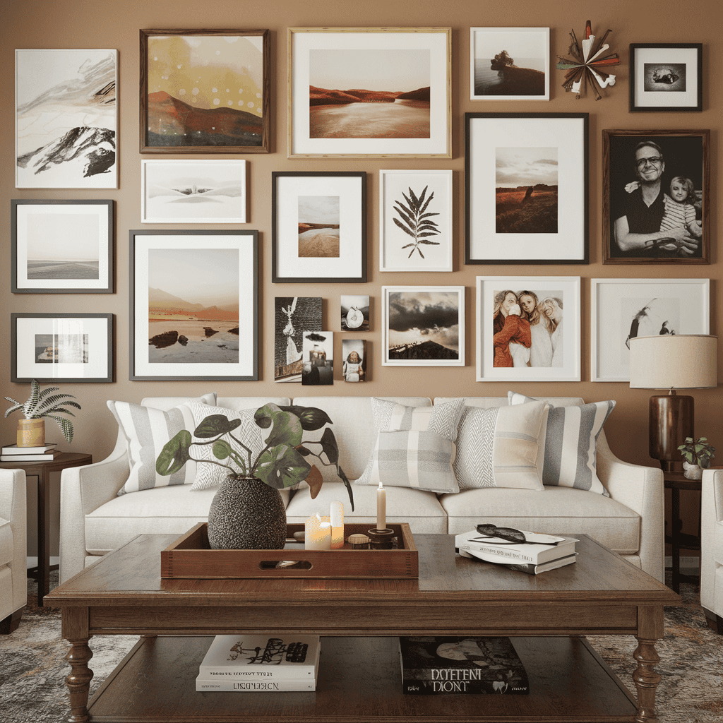 A coffee table centered in front of a visually captivating gallery wall.