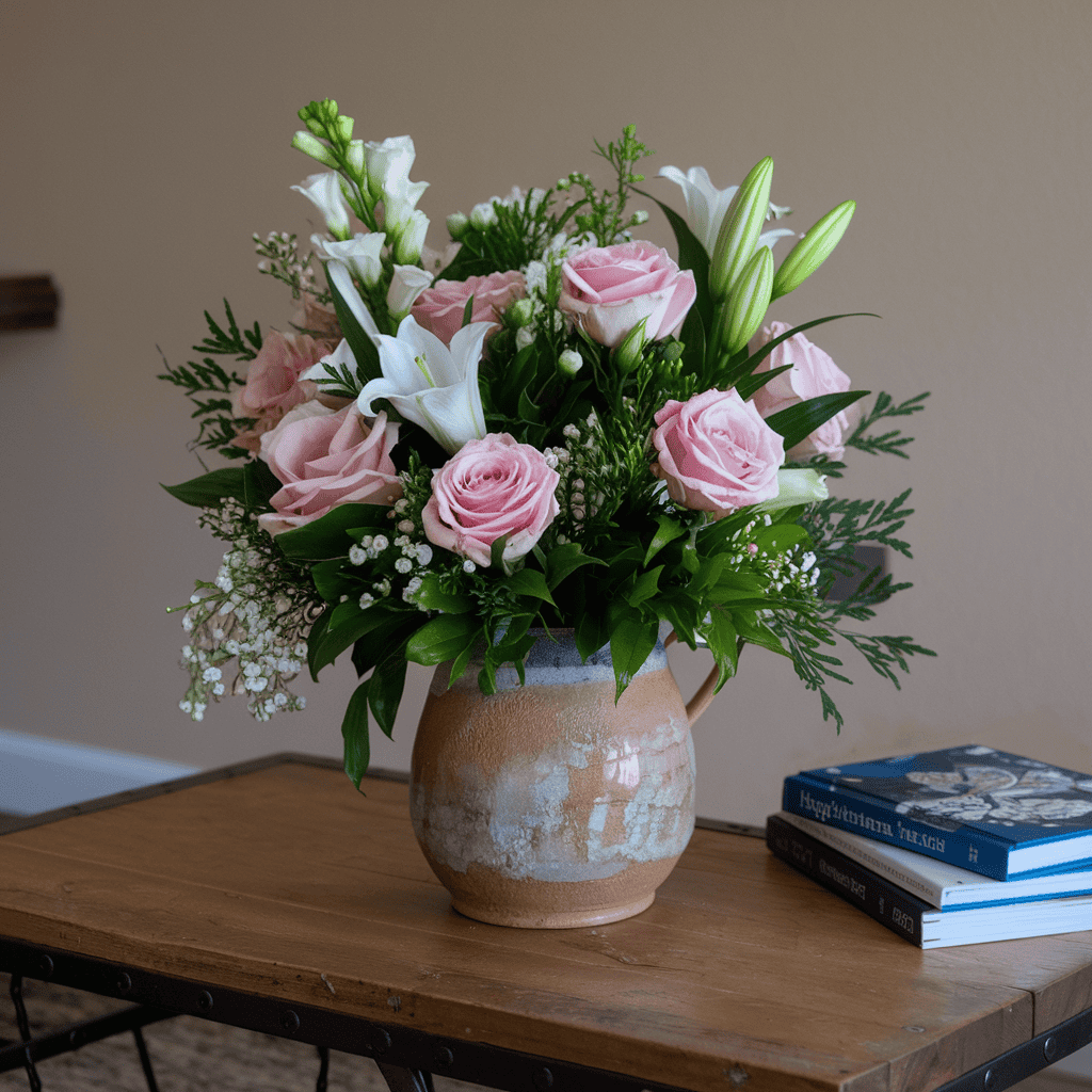 A simple yet elegant flower arrangement on a coffee table.