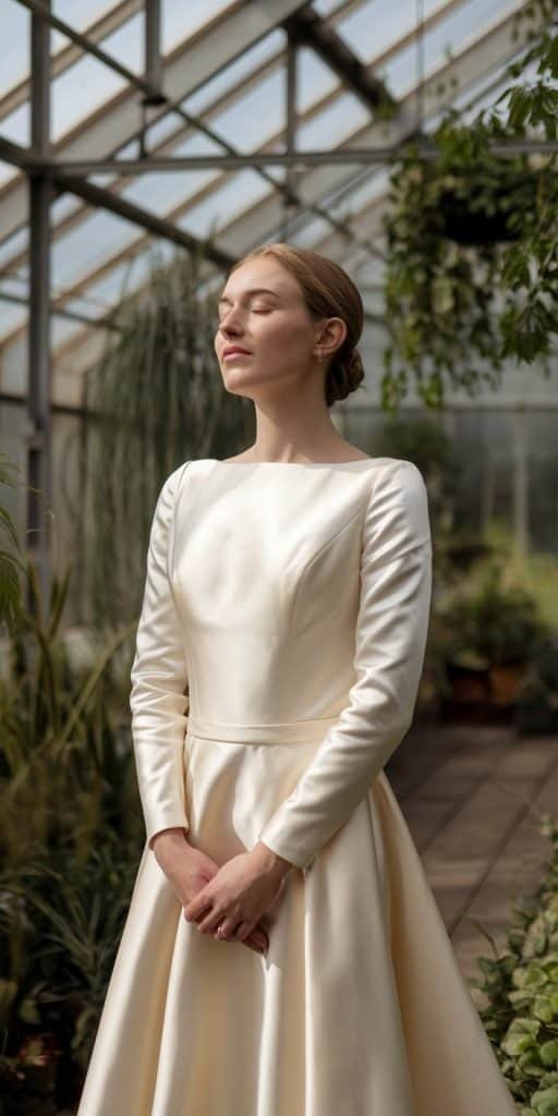 Bride in a unique sustainable long sleeve wedding dress, standing beneath a rustic arch.
