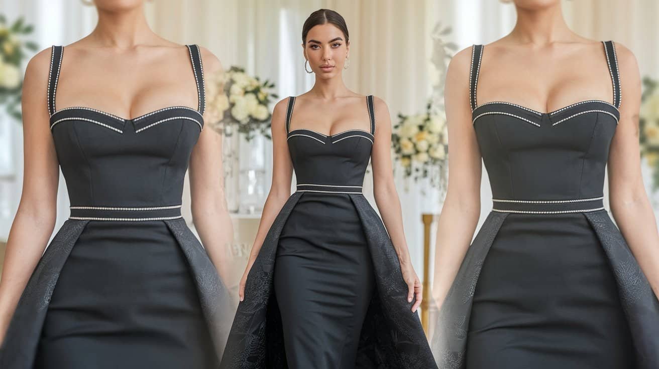 An elegant black lace dress, perfect for wedding guests, featuring intricate lace patterns, a fitted silhouette, and sophisticated charm for formal events