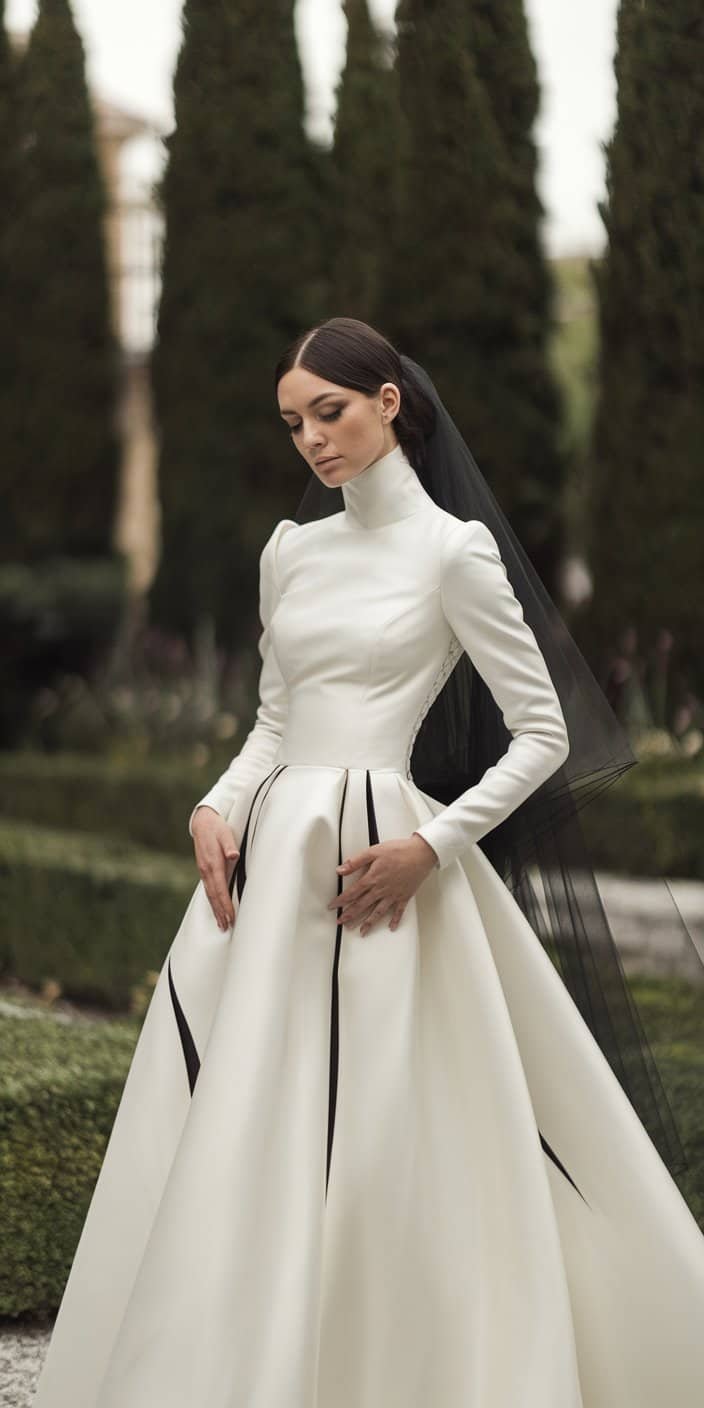Contemporary Gothic Wedding Dress featuring a sleek, architectural design and a dramatic back detail