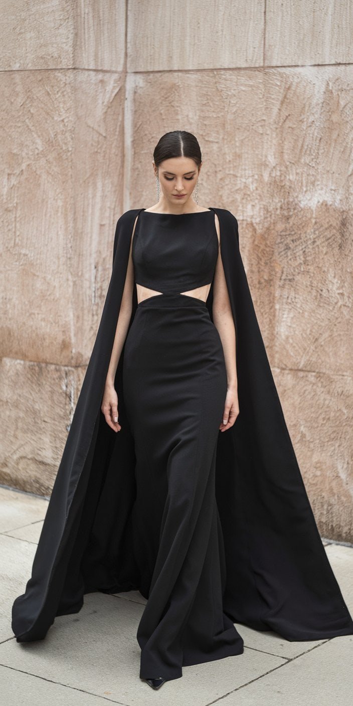 Minimalist Gothic Wedding Dress with sleek, architectural design and black crepe fabric for an effortlessly chic bridal look