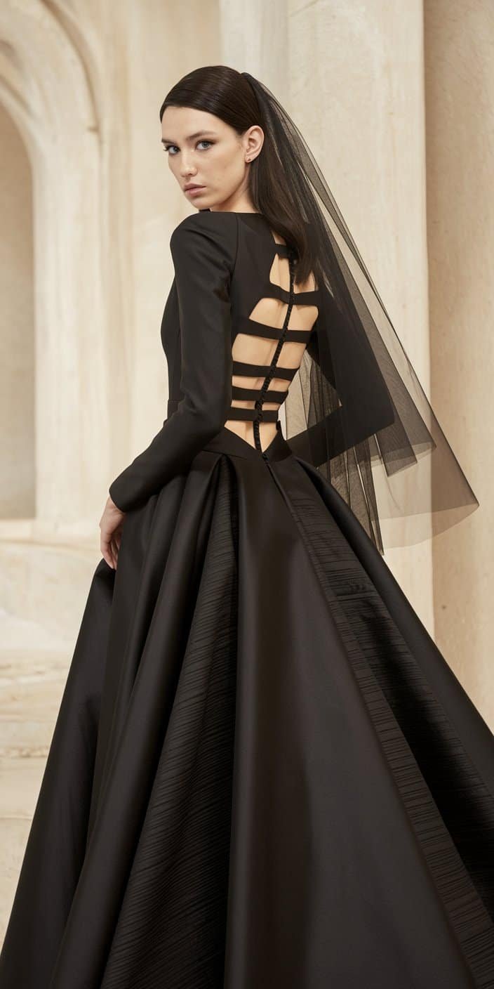 Contemporary Gothic Wedding Dress with clean lines and dramatic back cape overlay, perfect for urban brides