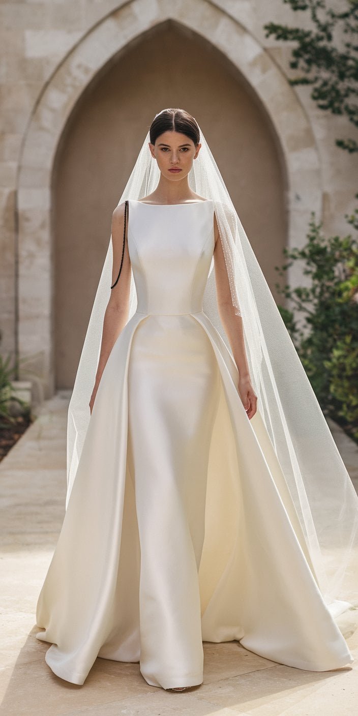 Modern Gothic Wedding Dress with clean lines and subtle black accents, designed for minimalist brides