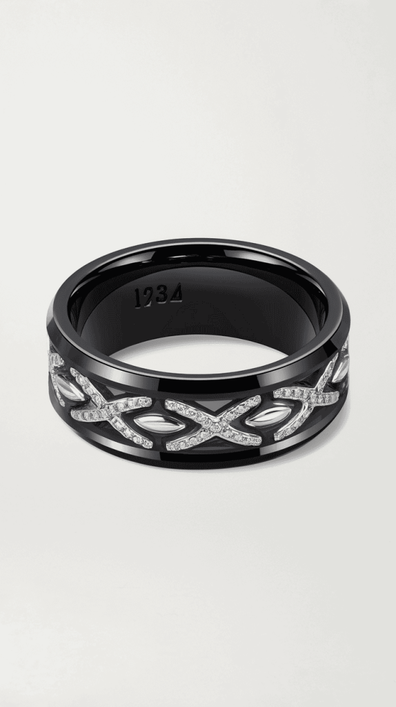 Stylishly dressed man proudly wearing a classic black wedding band, representing enduring style.
