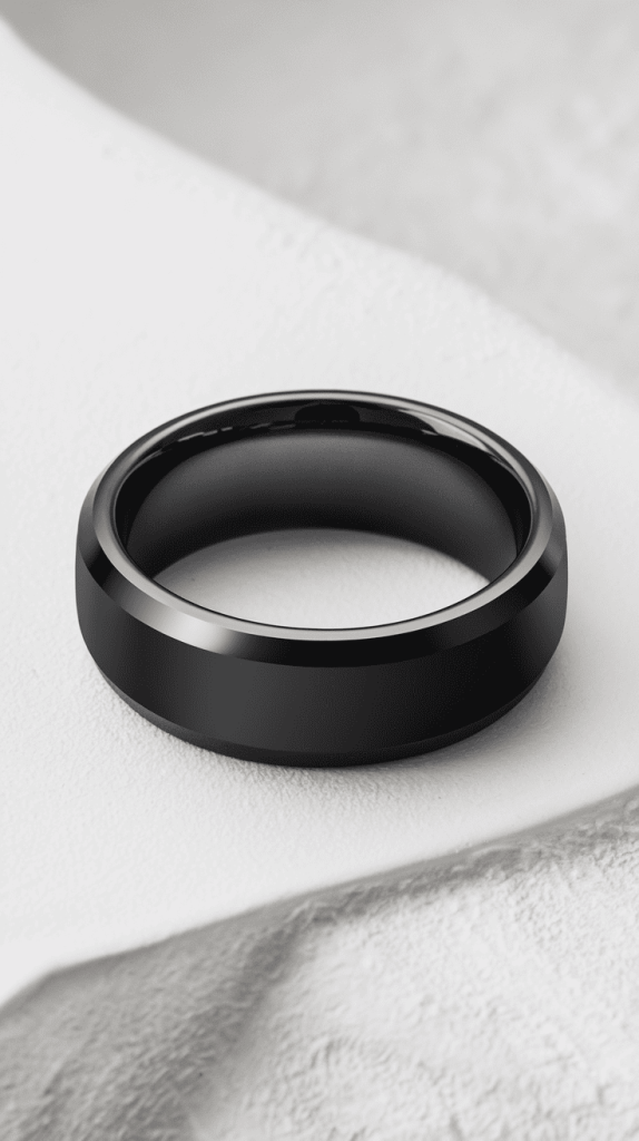 Assortment of classic black wedding bands displayed together, showcasing traditional designs.