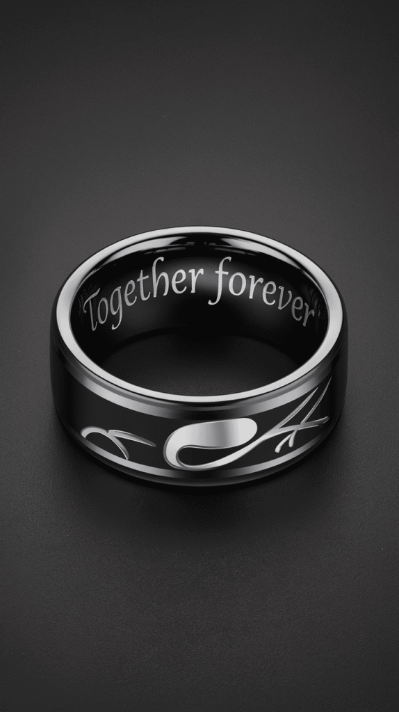 Variety of black wedding bands with unique engravings displayed together for comparison.