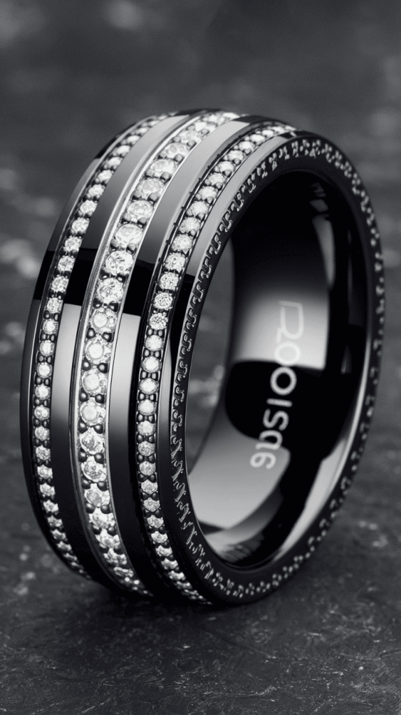 Stunning display of black wedding bands, each adorned with beautiful diamond accents.