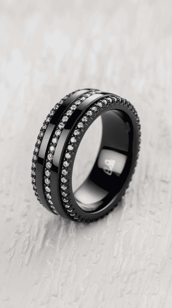 Elegant black wedding band featuring sparkling diamond accents for added sophistication.