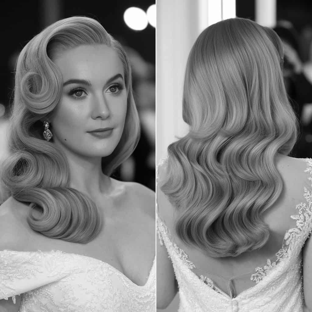 The back of a bride with mermaid waves, revealing the breathtaking flow and texture of the cascading hair
