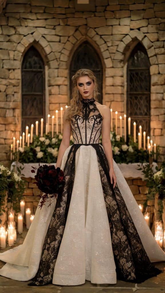 Victorian-inspired long sleeve wedding gown with corseted details and a sweeping train, perfect for evening ceremonies.
