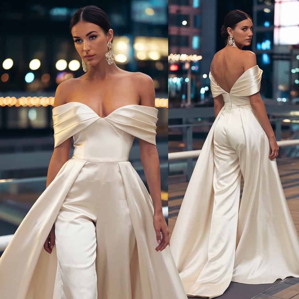 Front view of a bride wearing a sophisticated off-the-shoulder short wedding dress jumpsuit, styled with statement earrings in a city setting