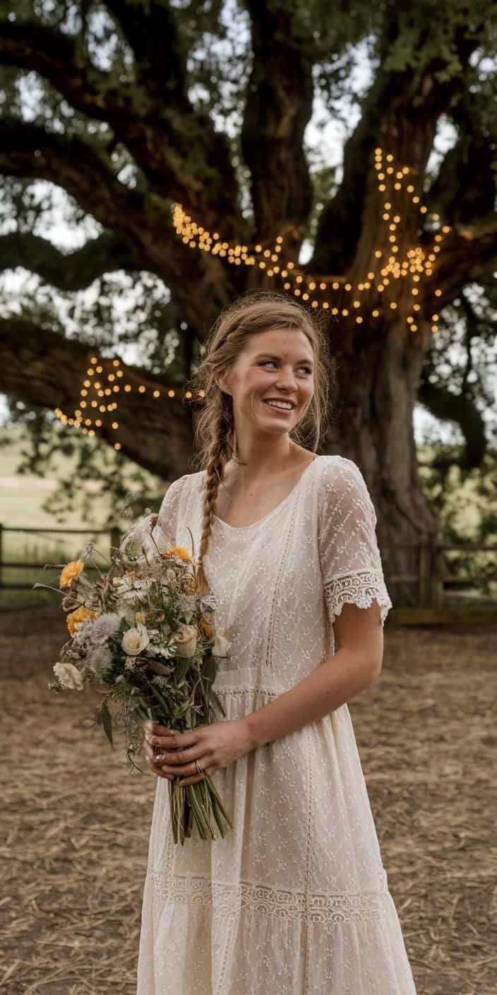 Bride in a relaxed long sleeve wedding dress with cotton lace and scalloped sleeve edges, standing under fairy lights.
