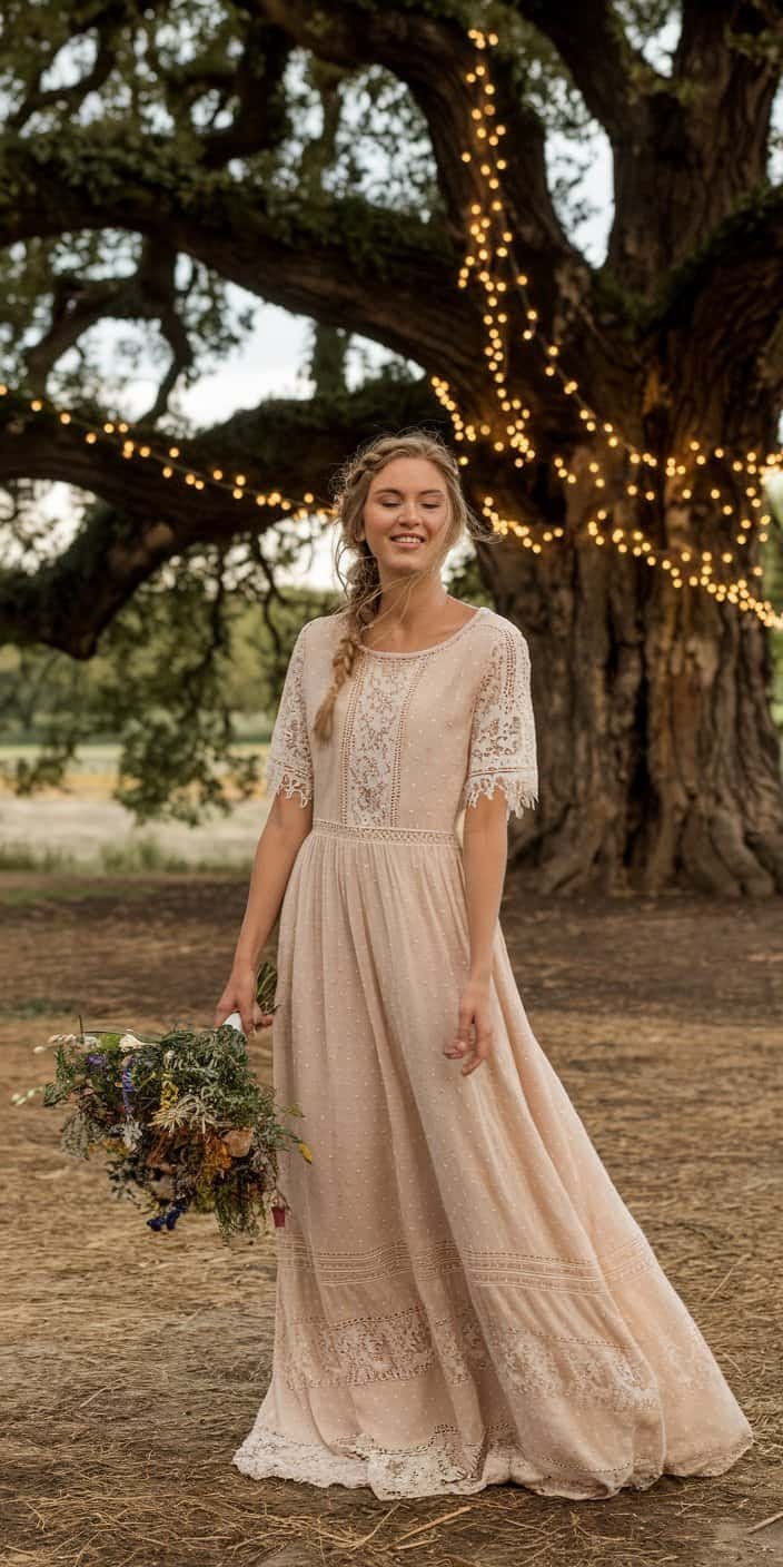 Rustic long sleeve wedding gown in breathable lace, ideal for pastoral settings and outdoor celebrations.
