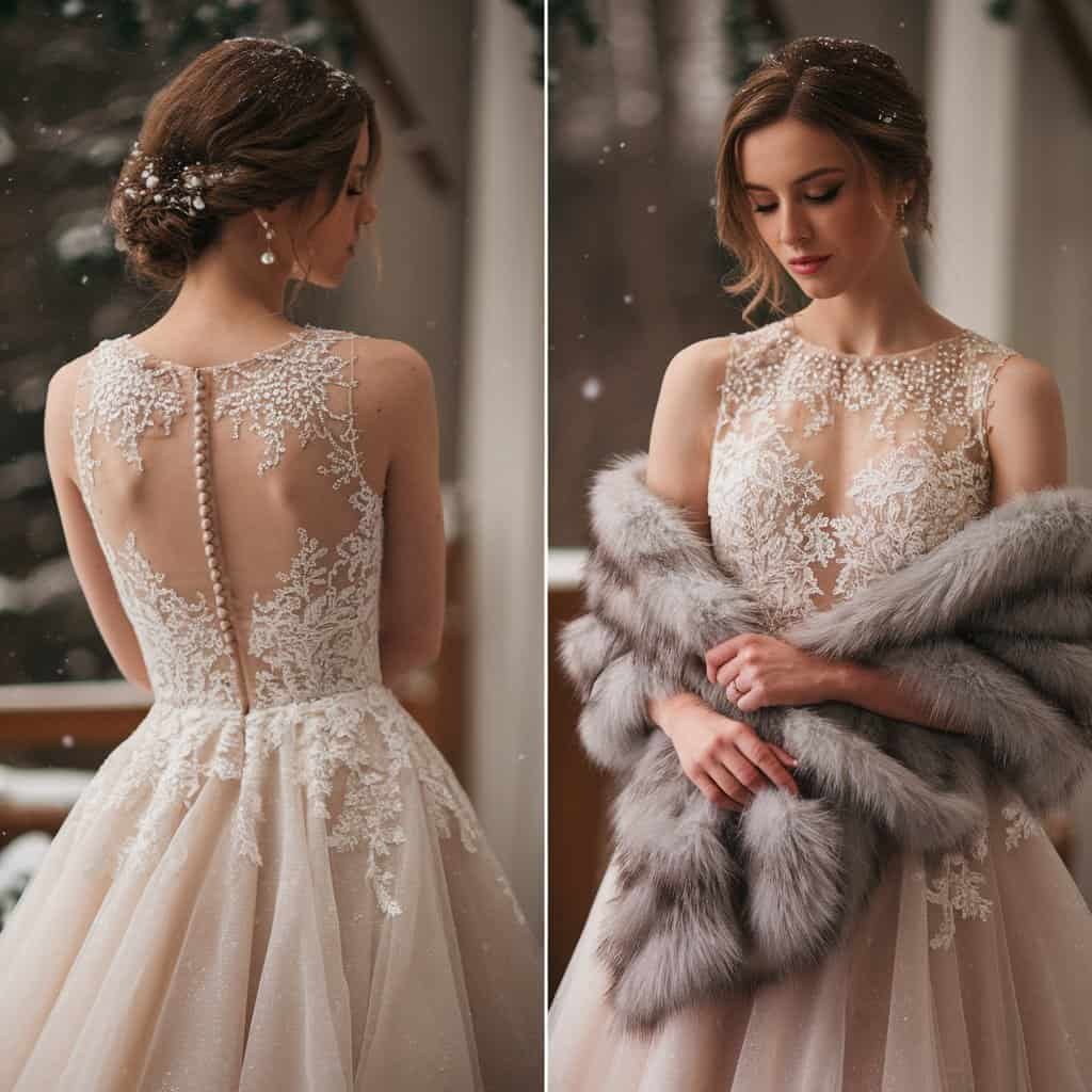 Front view of a bride wearing an ivory lace and tulle short wedding dress, complemented by a faux fur wrap in a snowy setting.