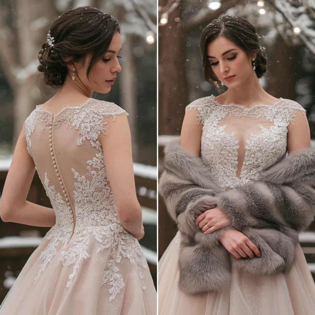Back view of a bride in a stunning lace short wedding dress with an open back, set in a cozy winter scene.