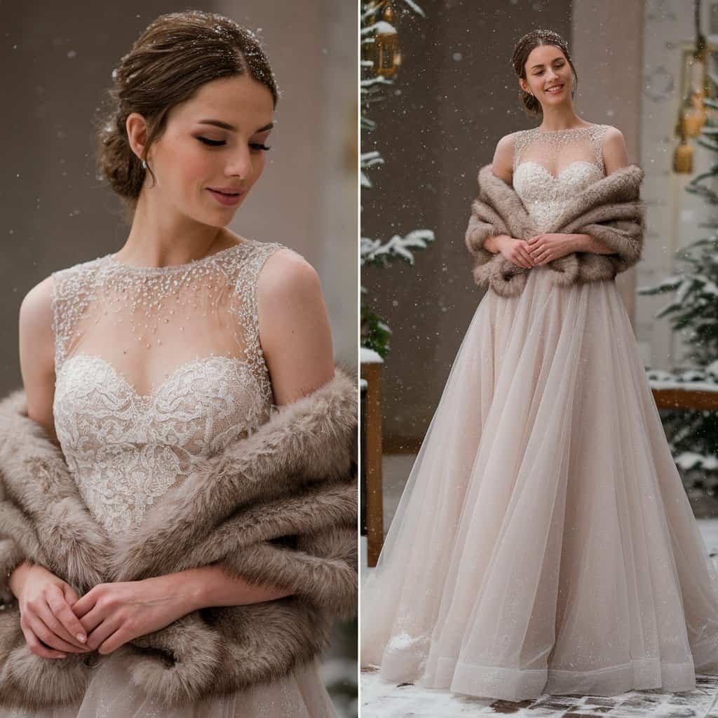 Bride in a glamorous ivory lace and tulle short wedding dress, posing in a winter wonderland with falling snow