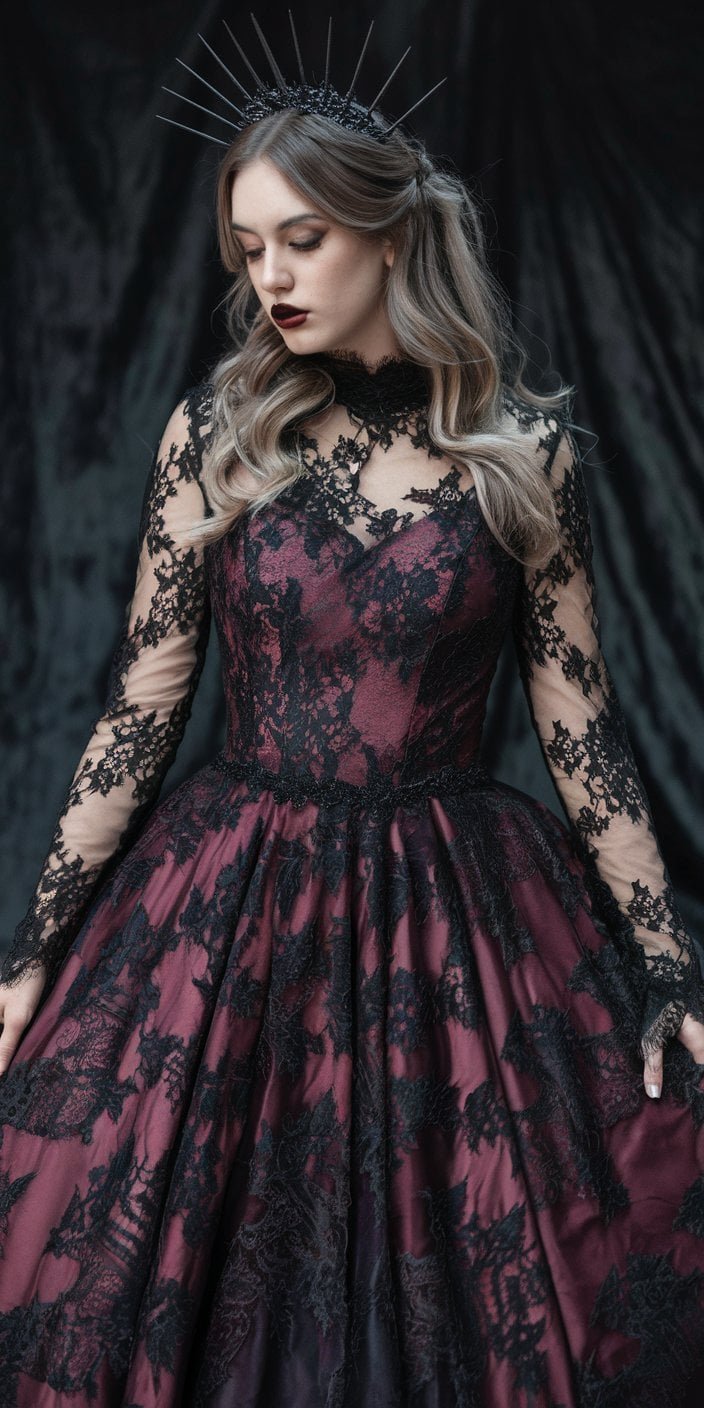 Victorian-inspired Gothic Wedding Dress with dramatic trumpet silhouette and black lace with burgundy undertones
