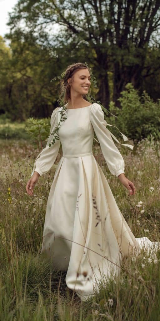 Eco-conscious bride in a minimalist long sleeve wedding dress made from sustainable silk.
