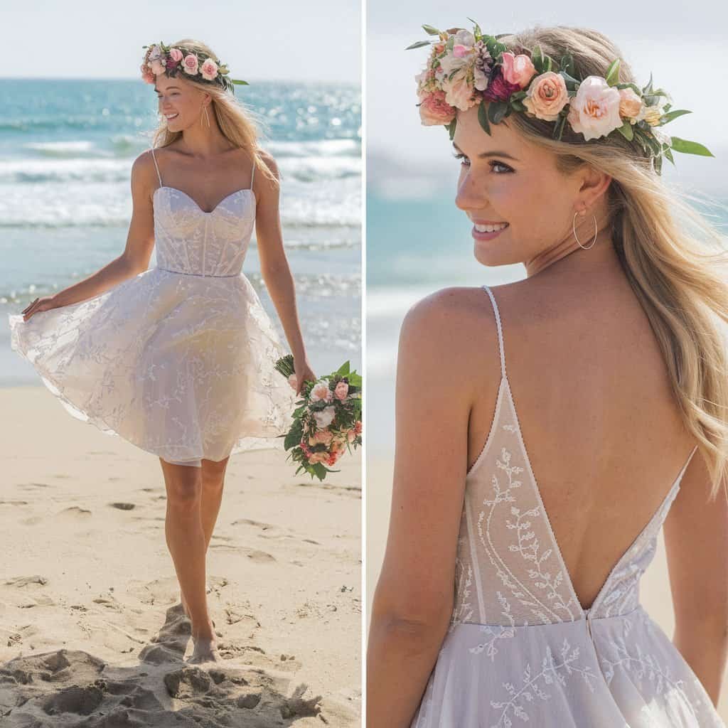 Front view of a bride wearing a summer-inspired A-line mini short wedding dress, complete with a floral crown and beach backdrop