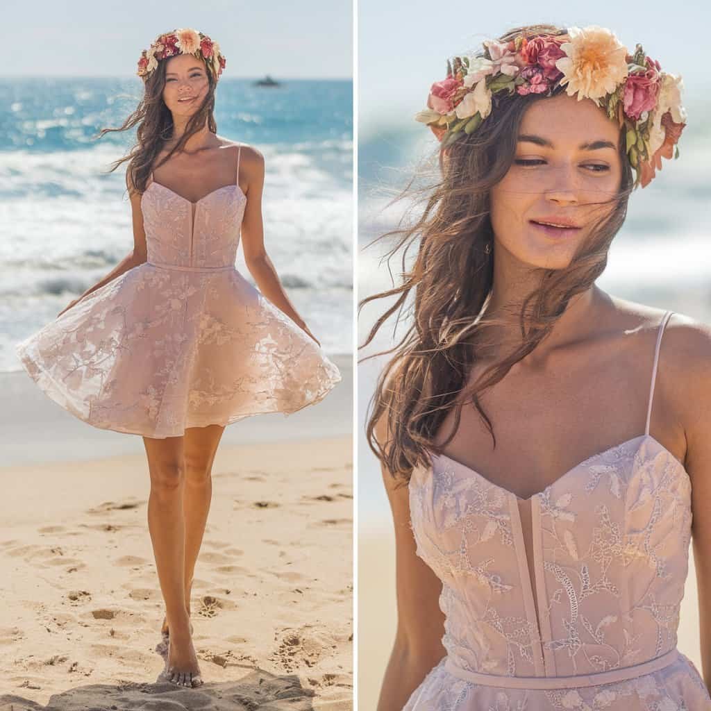 Back view of a bride in a floral-embroidered short wedding dress with a lace back detail, enjoying a summer day at the beach